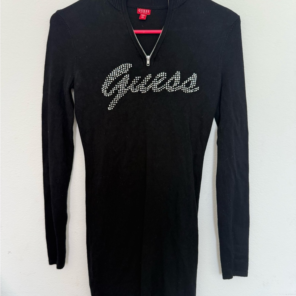 Guess Black Long Sleeve Rhinestone Logo Sweater